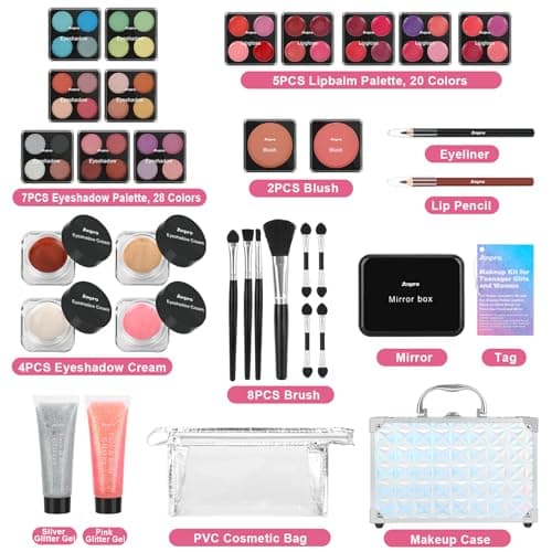 Anpro All-In-One Makeup Kit for Girls 10-12 with Case, Pro Teen Makeup Set, Tween Makeup Kit for Teens Women, Full Make Up Starter Kit with Brushes, Lipstick, Eye Shadow, Palette, Blush, Glitter Gel - Thumbnail 2
