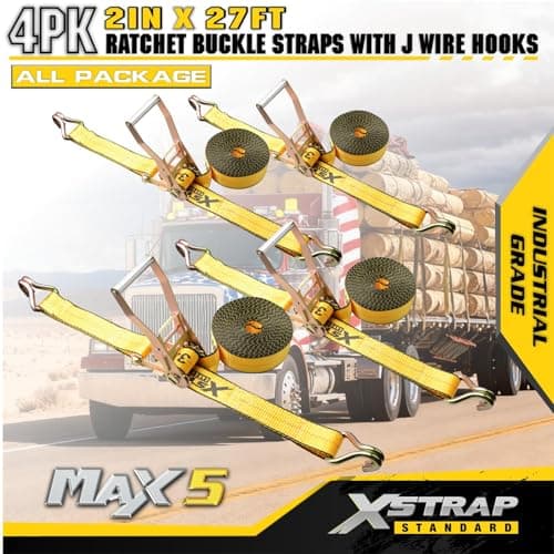 XSTRAP STANDARD 4 Pack 2" x 27' Industrial Tie Down Straps, Heavy Duty Ratchet Straps with Double J Hooks, 3333 LBS Working Load, 10000 LBS Break Strength, Long Handle Cargo Straps for Truck, Trailer - Thumbnail 3