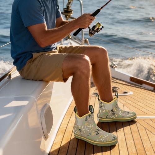 Kalkal Men's Deck Boots Anti-Slip Saltwater Fishing Rain Boots with Memory Foam, Waterproof Rubber Ankle Work Boots for Sailing (Earth Tone, Size10) - Thumbnail 2