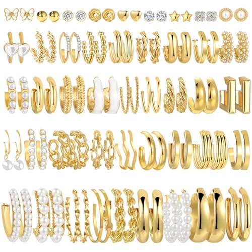 42 Pairs Gold Hoop Earrings Set for Women, Fashion Chunky Pearl Earrings Multipack Twisted Statement Earring Pack, Hypoallergenic Small Big Hoops Earrings for Birthday Party (Gold-45 pairs) - Image 1