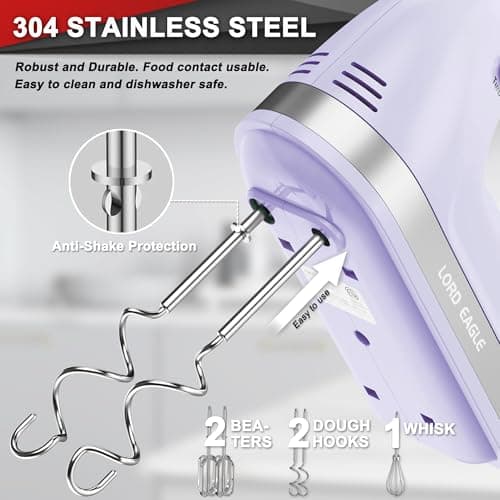 Lord Eagle Hand Mixer Electric Handheld 400W, 5-Speed Lightweight Kitchen Mixer with Storage Case, 5 Stainless Steel Attachments for Baking Cake Egg Cream Food Beater, Turbo+Eject Button, Purple - Thumbnail 2