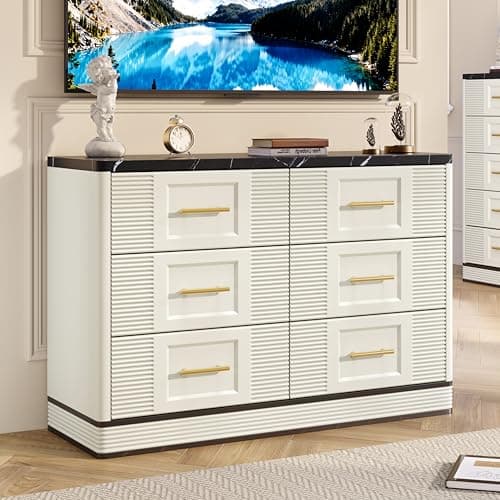 RECHHX Farmhouse 6 Drawers Dresser for Bedroom, 47.2" Wide Large Modern Marble-Effect Chest of Drawers, Wooden Thermoformed Curved Dresser Organizer for Bedroom, Living Room, White
