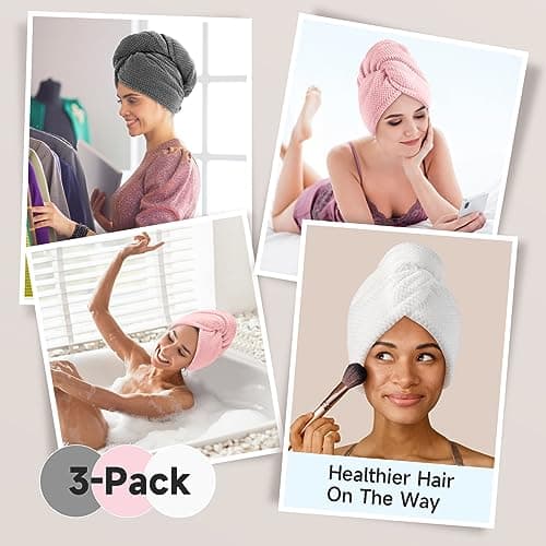 Umisleep 3 Pack Microfiber Hair Towel Wrap for Curly Hair, Super Absorbent Hair Drying Towel for Women, Kids, Hair Care Accessories, Hair Turban for Wet Hair (Grey, White, Pink) - Thumbnail 6