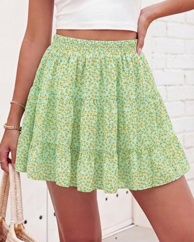 BTFBM Summer Skirts for Women 2026 Floral High Waist Shorts Underneath Boho Tiered Flowy Tennis Skorts Casual Mini Skirt(Floral Green Yellow, Small) - Thumbnail 6