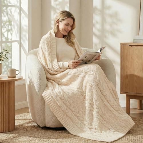 Cable Knit Throw Blanket 50x60 for Couch, Buttery Soft Textured Decorative Knit Blanket, Lightweight Microfiber Sofa Throw for Living Room, Farmhouse Home Decor, Ivory White - Image 1