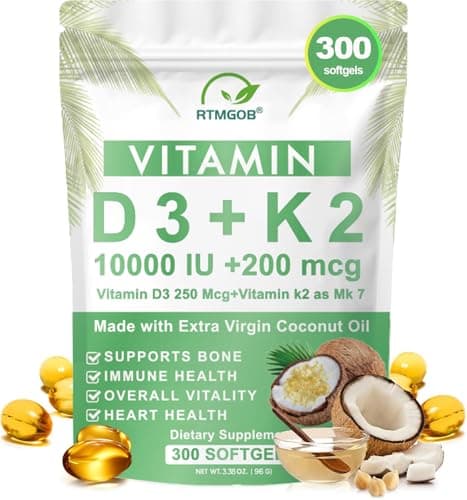 RTMGOB Vitamin D3 K2 Supplement,Vitamin D3 10,000 IU + K2 MK-7 200 mcg Virgin Coconut Oil Softgels,Immune,Teeth & Bone Health Extra Strength,Non-GMO, Gluten Free-Easy to Swallow-300 Softgels - Image 1