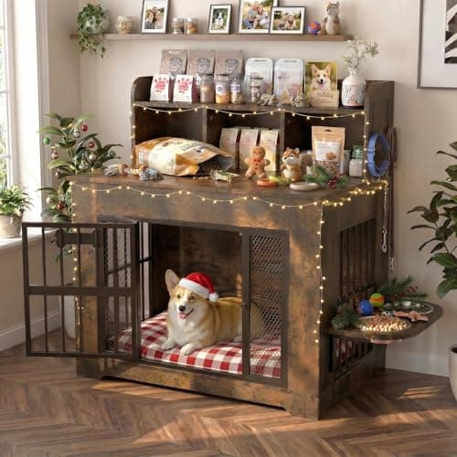 Petrova 33" Dog Crate Furniture with Storage Shelf & 2 Stainless Steel Bowls, Heavy Duty Indoor Dog Kennel for Medium/Small Dogs, Wooden Dog Cage with 4 Hooks, LED Light, Walnut Brown - Image 1
