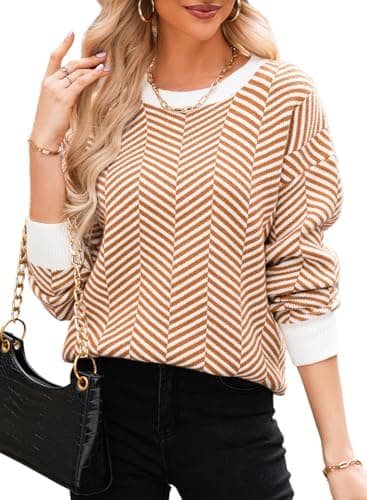 Dokotoo Sweaters for Women Crewneck Ribbed Knit Tops Striped Color Block Holiday Fall Winter Business Casual Colorful Pullover Sweater Womens Orange Thanksgiving Shirts Clothes Trendy Large - Image 1