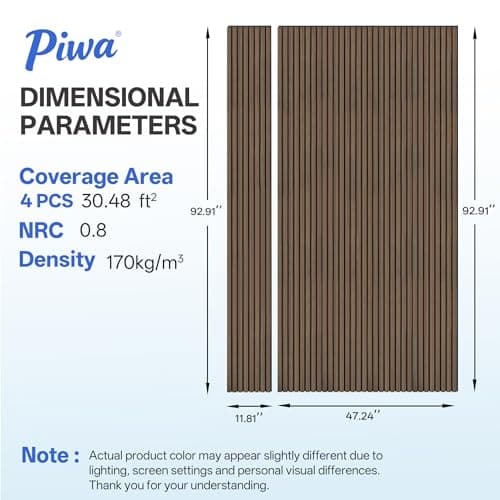 PIWA Wood Slat Acoustic Wall Panels, 4 Packs 92.9" x 11.8" Dark Walnut Soundproof Panel For Interior Wall Decor Noise Absorbing-3D Textured Wooden Panel Sound-Absorbing for Home, Office, Studio - Thumbnail 5