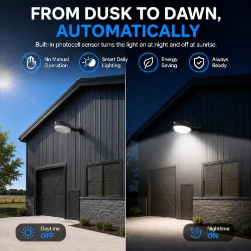 MOONTIP 150W 20000LM Dusk to Dawn Outdoor Lighting, LED Barn Lights Outdoor with 150° Adjustable Photocell Pole Light 6500K Flood Light, IP66 Waterproof Area Street Light for Garage Warehouse Yard - Thumbnail 3