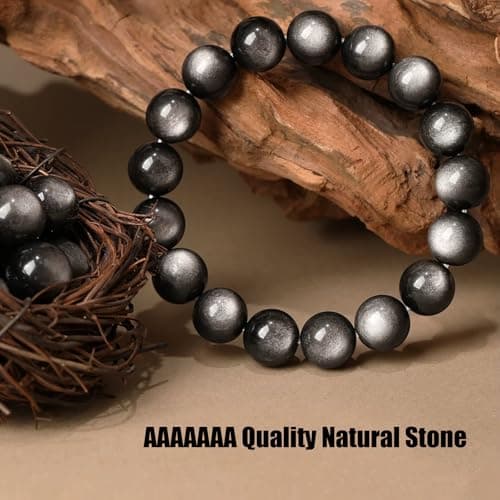 PNNY AMDA Natural Gemstone Bracelets: Handmade Unisex Silver Obsidian 8MM Beaded Stretch Bracelet - Energy Protection and Confidence SL-BS-YYS8MM - Thumbnail 3
