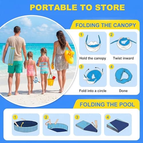 Kiddie Pool with Canopy, Foldable Kids Pools for 3 4 5 6 7 8 Year Old Kids Pools Ages 4 5 6 7 8 Pool with Shade Beach Essentials Tent Swimming Wading Pools Outdoor Backyard Beach - 77” - Thumbnail 4