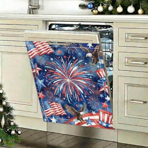 4th of July Decorations Magnetic Dishwasher Cover 23"x26" - Starry Night Fireworks & Eagle Kitchen Decor - American Flag Fabric Fridge Panel - Thumbnail 2