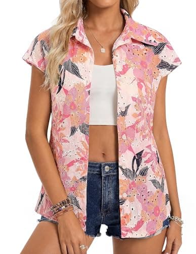 GRACE KARIN Floral Eyelet Spring Summer Tops for Women,2026 V Neck Dressy Casual Shirts,Boho Button Down Short Sleeve Blouses Pink M - Image 1