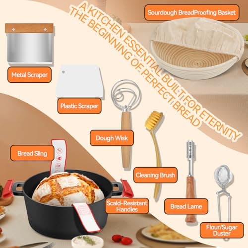 Cast Iron Dutch Oven for Bread Baking, Banneton Bread Proofing Basket Sourdough Bread Baking Supplies, 2-in-1 Dutch Oven Pot with Skillet Lid Cooking Pan Handles Lame, 5QT - Thumbnail 4