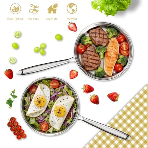 Kurovia Tri-Ply Stainless Steel Frying Pan, Compatible with All Cooktops Up to 600℉, Large Frying Pan with lids, Induction-Ready Skillet, Dishwasher and Oven Safe, Even Heat (12.4 Inch) - Thumbnail 3