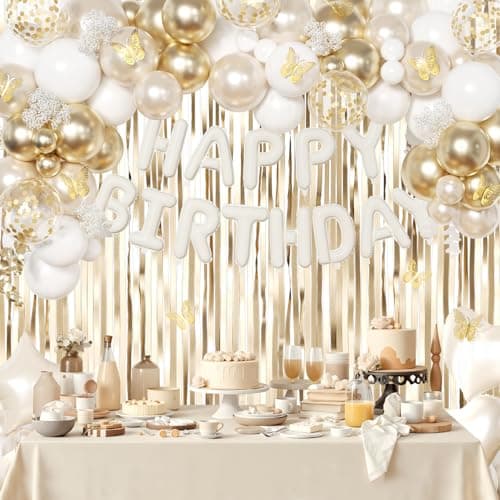 White and Gold Birthday Decorations for Women Girls, Pearl White Gold Foil Confetti Balloons Happy birthday Banner Gold Butterfly Fringe Curtains for Birthday Party Baptism Communion Decorations - Thumbnail 4