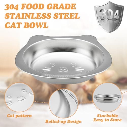HBGmao-hao Stainless Steel Cat Food Bowls 2 Pcs 7.1 Inch, Heavy Duty Double Wall Insulated, Whisker-Friendly Shallow Dishes for Food and Water, Cats Small Dogs (01siliver) - Thumbnail 2