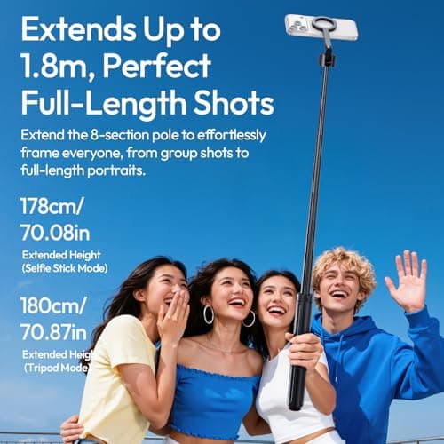 ULANZI Magnetic Phone Tripod-71'' Auto Open Selfie Stick Features Lift to Fold, Extendable Selfie Stick w Remote Cell Phone Tripod Stand for Live Recording Vlog for iPhone 17 16 15 14 Series Black - Thumbnail 5