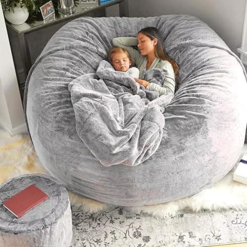 WFJOPR Bean Bag Chair for Adults Kids Oversize Giant Beanbag Chair Cover Without Filler Round Fluffy Comfortable Big Bean Bag Couch Chairs for Bedroom Lounge Large Sofa Sitting Chair,5FT Light Grey - Thumbnail 3