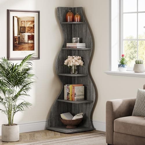 Tribesigns Wavy Corner Shelf, Modern 5-Tier Bookshelf Bookcase with Curvy Shape, Unique Plant Stand Display Rack for Living Room Small Space (Gray) - Image 1