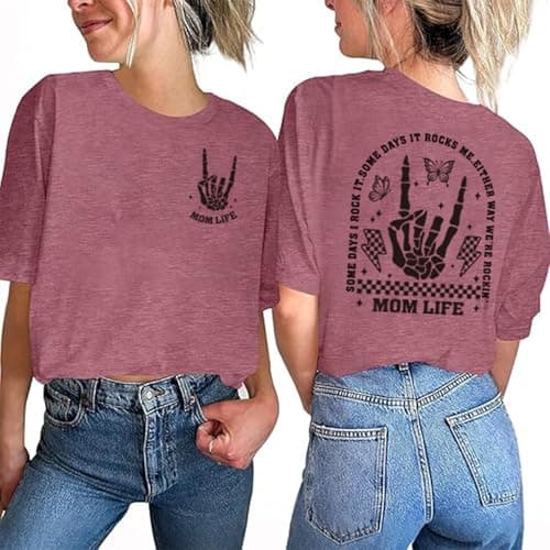 YHHR Mama Shirt Mom Life Crewneck T-Shirts Funny Mama Skeleton Rocker Graphic Tee Summer Pullove Mom Tshirts Tops Pink - Image 1