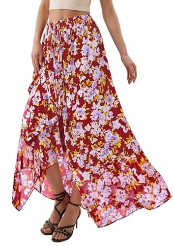 PRETTYGARDEN 2026 Summer Maxi Long Skirts for Women Trendy Boho Floral High Waisted Slit Flowy Travel Beach Vacation Clothes (Floral Red Purple,X-Large) - Thumbnail 3