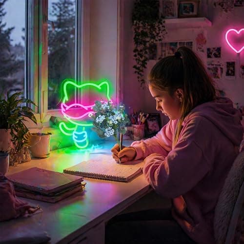 Neon Sign, FPLL Dimmable Neon Signs for Wall Decor, Cute Green LED Light up Cat Signs for Man Cave, Bedroom, Party, Game Room & Home Decor, Led Sign USB Power - Thumbnail 2