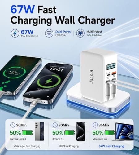 Jasput 67W Retractable Wall Charger, 4in1 GaN Fast Charger with 3.3FT Built-in USB-C & for iPhone Cables, LED Display, Foldable Travel Charger with USB-C/A Ports for MacBook, iPhone 8-17, iPad, Galaxy - Thumbnail 2