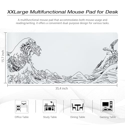 Large Gaming Mouse Pad for Desk,Kanagawa XXL Mouse Pad 35.4x15.7 Inch,Waterproof Desk Pad,Non-Slip Rubber Base Mice Pad,Keyboard Pad Computer Mat,White Mouse pad - Thumbnail 2