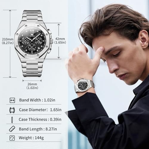 OLEVS Men's Watch Silver Stainless Steel with Black Dial Casual Watch for Men Quartz Analog 3ATM Waterproof Business Professional Style for Office Work Daily Commute 42mm Diameter Case Easy to Read. - Thumbnail 3