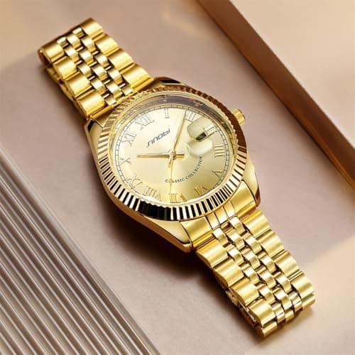 SINOBI Men's Luminous Hand Calendar Date Quartz Watch Classic Stainless Steel Watches for Men (Gold) - Thumbnail 5