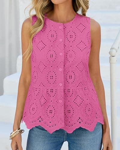 BTFBM Womens Tank Tops 2026 Summer Casual Sleeveless Button Down Shirts Embroidered Eyelet Blouse Beach Vacation Clothes(Rose Pink, Large) - Thumbnail 4