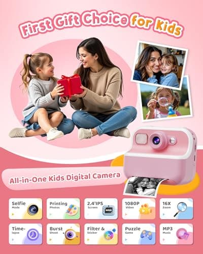 Instant Camera, Front Rear Dual Selfie Kids Camera with 1080P Videos, Holiday Birthday Gifts for Kids Age 3-12, Toddler Portable Travel Print Digital Camera Toy for 4 5 6 7 8 9 Year Boys Girls - Thumbnail 2