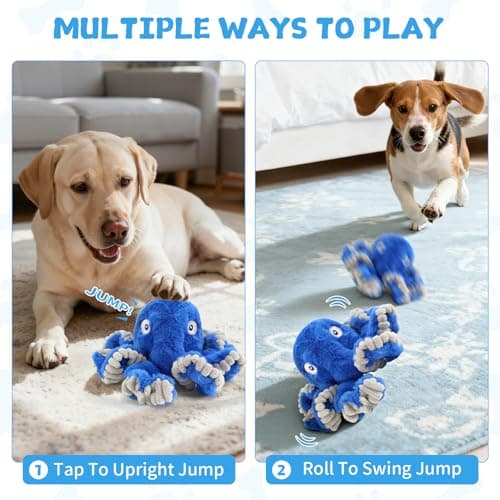 VOXGET Interactive Dog Octopus Toy Ball, Upgrade Automatic 1.5H Jumping Ball with Motion Activation for Small Large Dogs, 2 in 1 Rechargeable Move & Tug Plush Toy for Pets Keep Busy, No Music (Blue) - Thumbnail 6