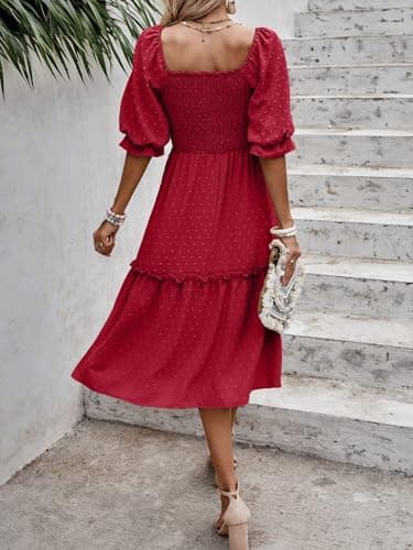 PRETTYGARDEN Women's Summer Casual Midi Dresses 2026 Spring Puff Sleeve Square Neck A Line Flowy Boho Smocked Beah Vacation Dress (Red,2XL) - Thumbnail 2