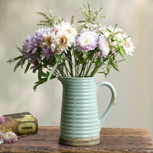 Quoowiit Ceramic Rustic Vase with Handle, Green Distressed Decorative Farmhouse Pitcher Vase for Home Decor Living Room Bedroom Kitchen Office Shelf Decor Centerpiece Table Decoration - Image 1