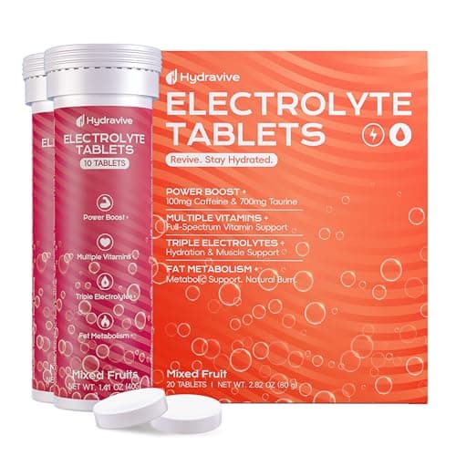 Hydravive Caffeine Effervescent Tablets – Clean Energy + Hydration Support with 100mg Caffeine, Taurine, B Vitamins & Electrolytes, Sugar Free, Keto Friendly, Vegan-20 Tabs