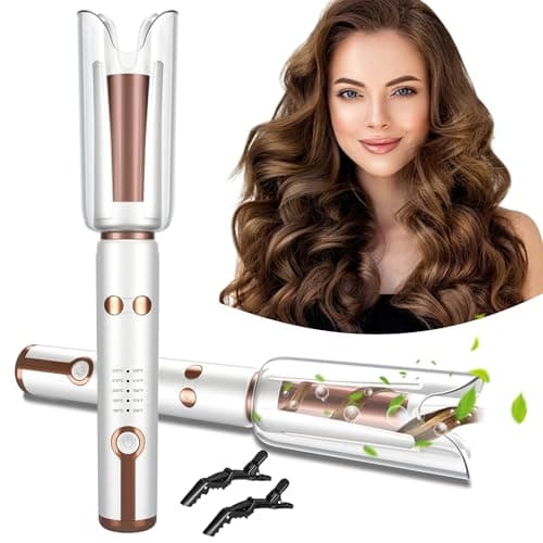 JINRI Automatic Rotating Curling Iron-Beach Waves Curling Wand, Pumped-Up Volume, Portable Hair Curler, 500 Million Ionic, Dual Voltage & Lightweight for Travel, Ceramic Coating, 1 Inch, White