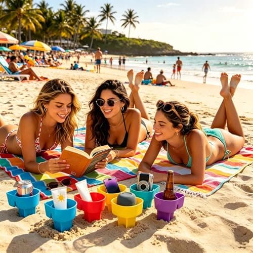 Home Queen Beach Cup Holder with Pocket, Sand Cup Holder for Drink Beverage Phone Sunglasses, Beach Vacation Accessories, Beach Trip Gifts, Multicolor 8 Piece Set - Thumbnail 6