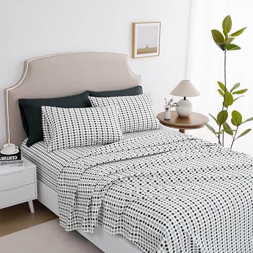 Queen Size Bed Sheets Set Deep Pockets - 6PC Print Ultra Soft Microfiber Bed Sheets - Easy to Clean, 90 Thread Count Sheets Includes 1 Fitted, 1 Flat, 2 Pillowcases (Black/Grey Squares) - Thumbnail 3