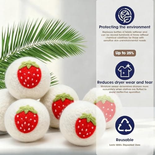 Tging Wool Dryer Balls，New Zealand Wool Laundry Balls for Dryer (Pack of 6, Strawberry Handmade Pattern)，Softens Clothes,Naturally Reduces Drying Time and Static Electricity - Thumbnail 3