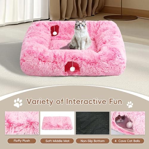 Extra Large Cat Tunnel Bed, 4 Ways Tunnels for Indoor Cats, Multi-cat Family Pet Bed & Cave, Plush Cat Donut with Washable Middle Mat, Exit Balls, Pet Play Toy for Kitten Puppy Rabbit, Pink - Thumbnail 4