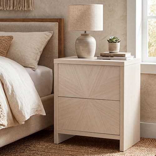 VividVibe Washed White Oak Nightstand- Antique Bedroom Nightstand Side Table Bedside Table Accent Table Mid Century Modern Farmhouse Minimalist Coastal Wooden End Table Sunburst Veneer Pattern - Image 1