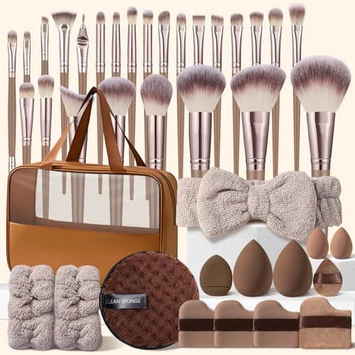 HGHDBT 40Pcs Brown Makeup Brushes Set Professional with Case Premium Synthetic for Blush Foundation Eye Shadow Concealer Powder Eye & Face Make up Brush Kit with Beauty Blender Sponge Set Tools