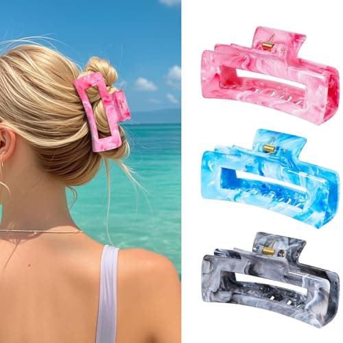SHINLEA 3Pcs Hair Claw Clips for Women, 4.1 Inch Non slip Medium Claw Clip, Reference Ink Painting Design, Ideal for Home Party and Work Styling, Hair Accessories for Girls Gift (Pink Blue Gray) - Image 1