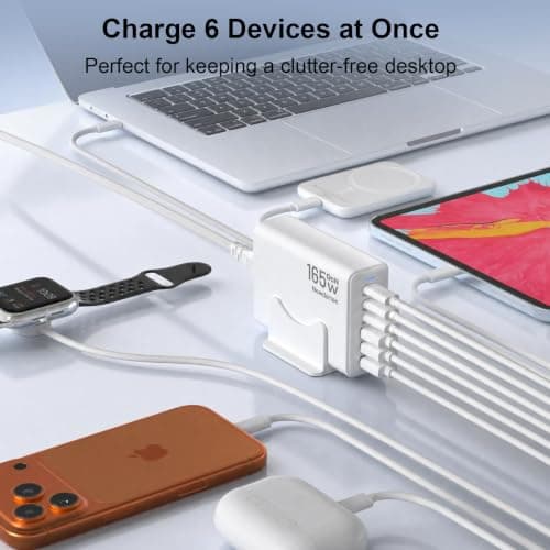 165W GaN USB C Charging Station, 6-Port Desktop Charger [3 USB-C PD + 3 USB-A], Multi-Device Fast Charger with 5 ft Cord for iPad iPhone 17/16/15, Samsung Galaxy, Tablets, Home Office Travel White - Thumbnail 4