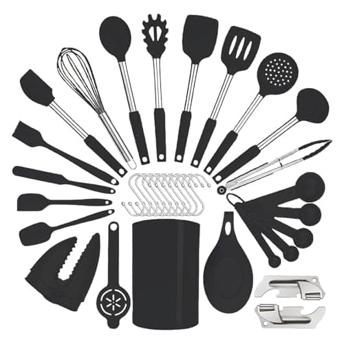 Silicone Kitchen Cooking Utensils Set with Stainless Steel Handle, Spatula Set Utensil Set, Cooking Utensil Set,Kitchen Tools Gadgets for Nonstick Cookware (35, Black) - Image 1