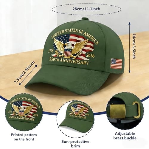 SOIMOE 250 Anniversary USA Hat for Men Women,Eagle Printed Adjustable Baseball Cap,Patriotic 250th Gift for Husband,Veteran(Green) - Thumbnail 3