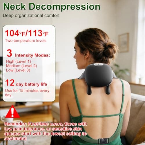 Nooydio Neck Massager, Neck and Back Massager with Heat & 4D Kneading, Shiatsu Deep Tissue Wireless Massager for Shoulder Cervical Pain Relief, Portable Rechargeable for Home Office (Black) - Thumbnail 2